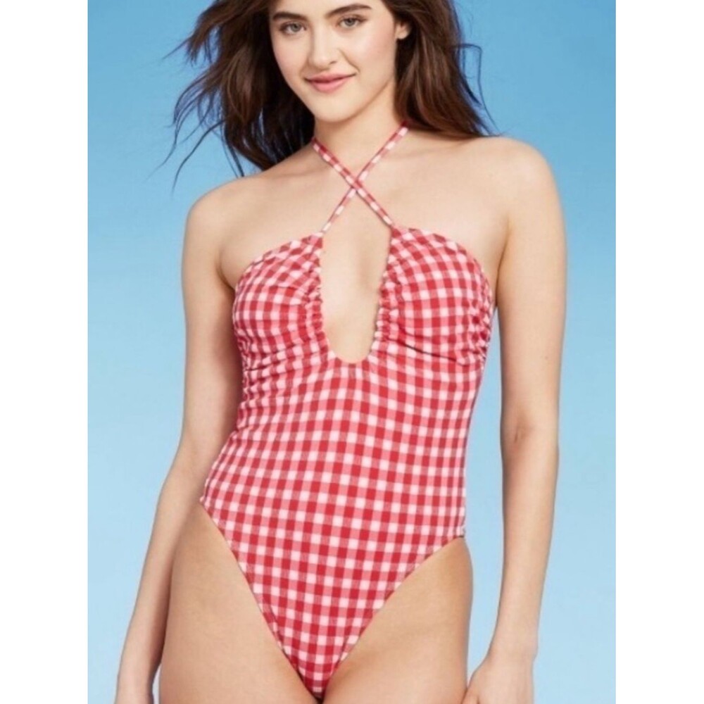 Wild Fable Red Gingham Keyhole Cross-Front One-Piece Swimsuit